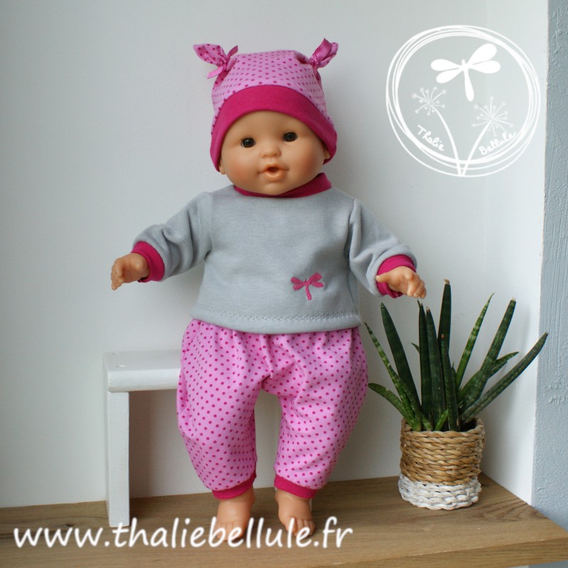 sweat gris, pantalon et bonnet en jersey à pois rose pour poupon 36 cm